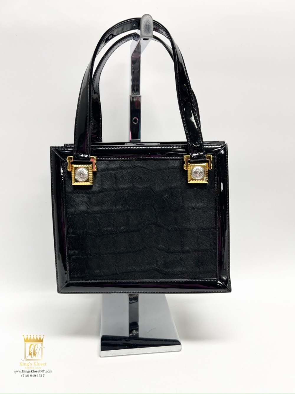 Versace Black Patent Satchel with Gold Hardware